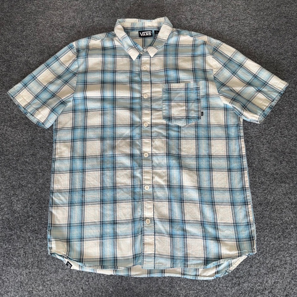 Vans Shirt Mens Large Blue Plaid‎ Short Sleeve Button Up Casual Skate Y2K Grunge